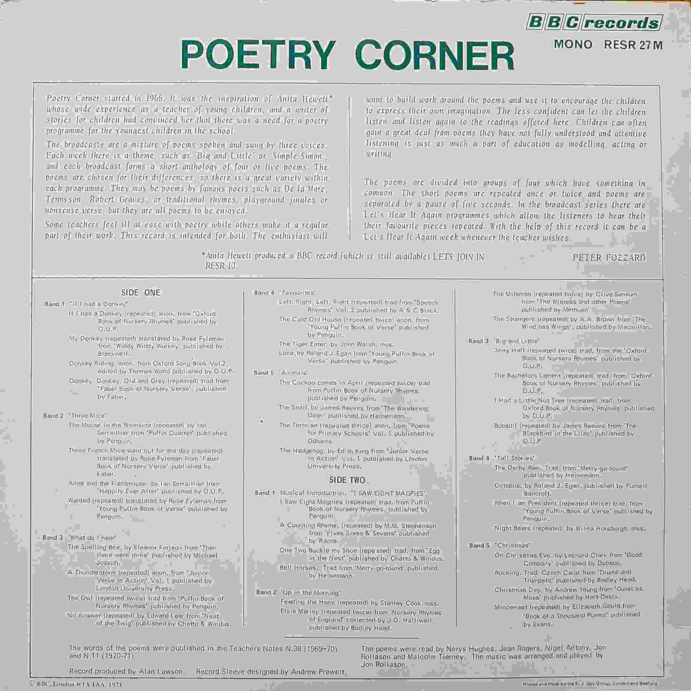 Picture of RESR 27 Poetry corner by artist Various from the BBC records and Tapes library